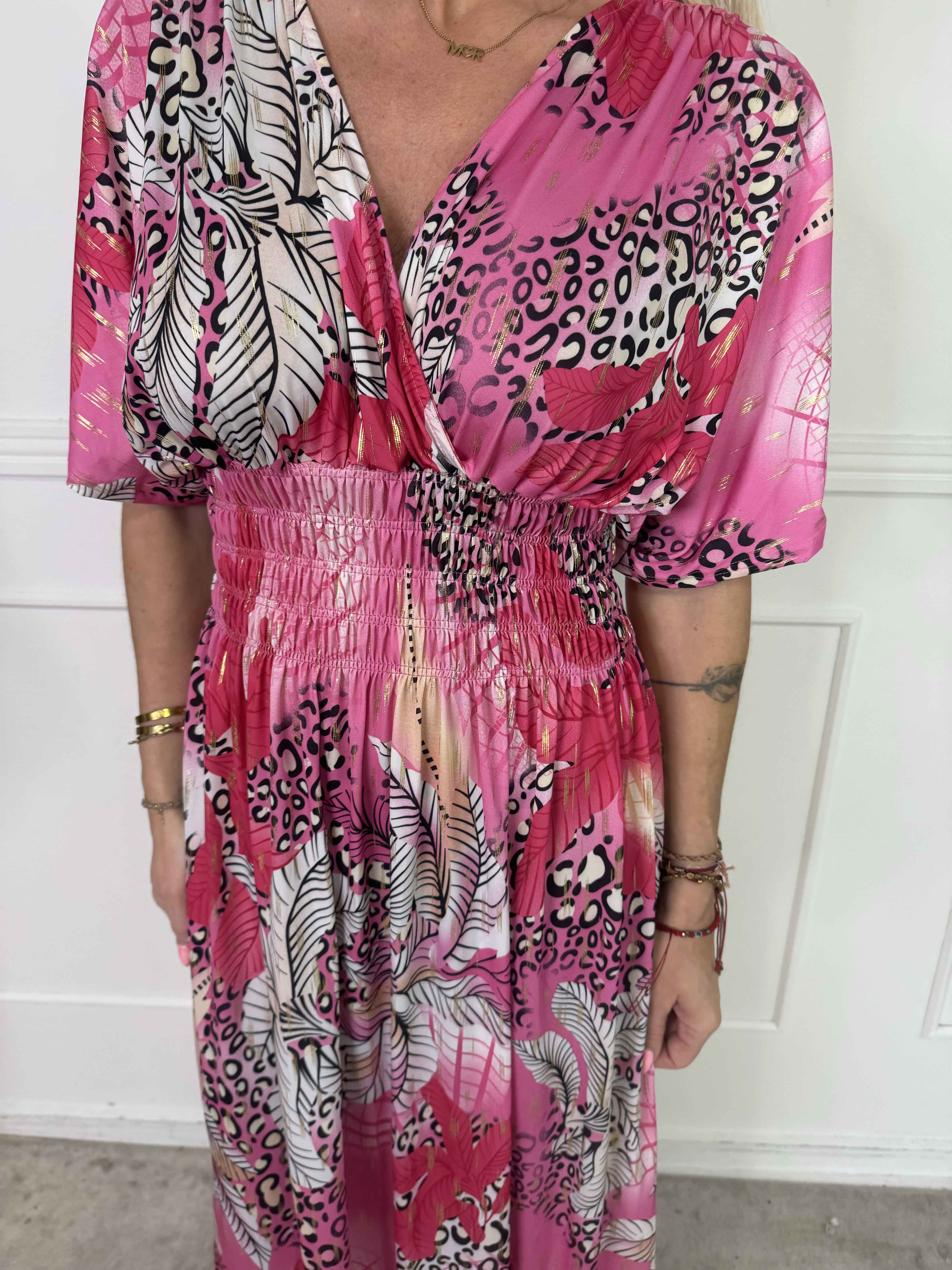 Pams Multi Leo - Lang elastisk kjole med print og guld detaljer